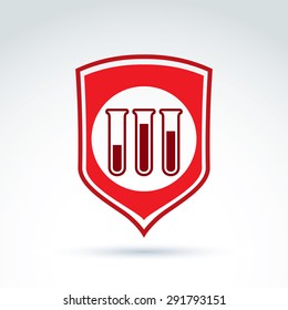 Vector illustration of a red shield symbol and test tubes with a blood sample. Medical cardiology label, blood donation symbol. Life insurance.