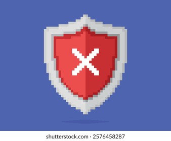 Vector illustration of a red shield with a white X symbol in the middle. Security error. Pixel art icon. Purple background.