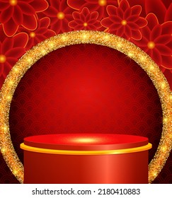 Vector illustration red shine flowers background with sparkle stage podium and golden banner for design