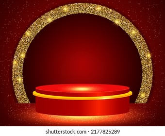 Vector illustration red shine golden round arch background with sparkle stage podium for design
