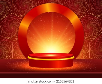 Ilustración vectorial fondo de puntos de espiral de brillo rojo con podio escénico brillante para el diseño