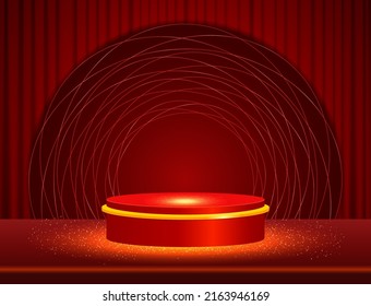 Vector illustration red shine spiral background with curtain and sparkle stage podium for design