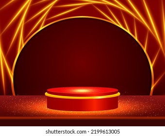 Ilustración vectorial luz roja líneas de giro fondo con podio de escenario brillante para el diseño