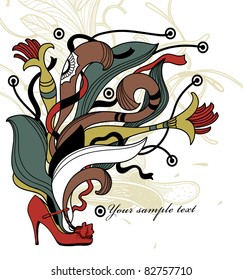 vector illustration of a red shoe and fantasy plants