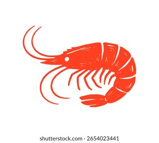 Ilustração vetorial de um camarão vermelho em estilo de esboço. Design simples ideal para frutos do mar, gastronomia ou identidade costeira.  