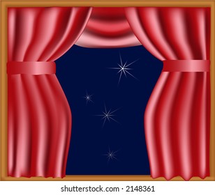 Vector illustration of red silk curtains / window / night sky with stars