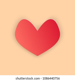 Vector illustration, red simple heart in papercut style with transparent shadows isolated on beige background