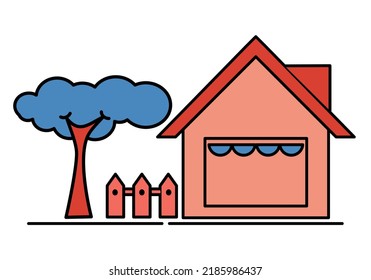 Vector illustration of red simple house whith large window, tree and fence isolated on white background for property article, business, architectural or other purpose.