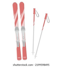 Vector illustration of red skis and poles isolated on background.