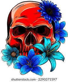 vector illustration of red Skull with beautiful flower roses in vintage style isolated on white background. digital draw