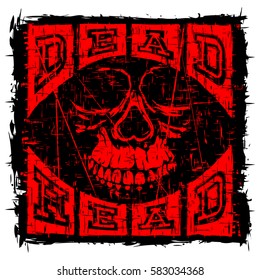Vector illustration red skull on abstract grunge background. Inscription dead head. For t-shirt design.