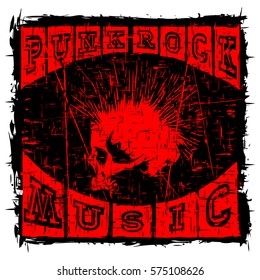 Vector illustration red skull of punk with mohawk on abstract grunge background. Inscription punk rock music. For t-shirt design.