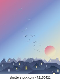 vector illustration of a red sky over a city skyline in eps 10 format