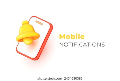 Vektor-Illustration des roten Smartphones mit gelbem Glanz-Alarmglocke und Schatten auf weißem Hintergrund. 3D-Stil Vorlage Design von Smartphone mit Golden Bell Benachrichtigung und Text für Web, Website