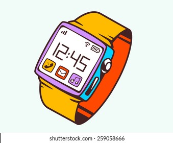 Vector illustration of red smart watch with button on white background. Bright color hand draw line art design for web, site, advertising, banner, poster, board and print.