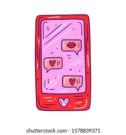 Vector illustration of a red smartphone, romantic chat bubbles with hearts and lips - Hand drawn isolated object in romantic style on white background - Love messages - Design for St Valentine's day
