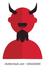 Vector illustration of a red smiling devil with black beard and horns on white background 