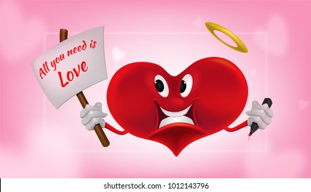 Vector illustration of red smiling heart on white background. Art design for Valentines Day greetings and card, web, banner, poster, flyer, brochure, print.