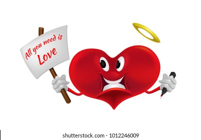 Vector illustration of red smiling heart on white background. Art design for Valentines Day greetings and card, web, banner, poster, flyer, brochure, print.