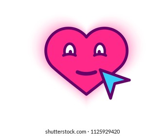 Vector illustration of red smiling heart on white background with arrow. Heart icon. Artistic design of the cover, web page, banner