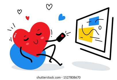 Vector illustration of red smiling heart with remote control and monitor on white background. Flat style design for Valentine's Day greeting card, web, site, banner, poster, sticker