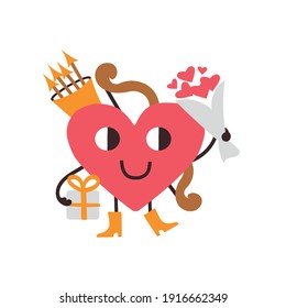 Vector illustration of a red smiling heart on a white background. Art design for congratulations and cards for Valentine s Day, web, banner, poster, flyer, brochure, print. Funny cupid with gifts and