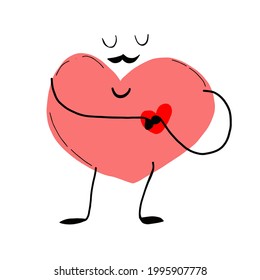 Vector illustration of red smiling heart on white background. Art design for Valentine's Day greetings and card, web, banner, poster, flyer, brochure, print. Hand drawn, doodle