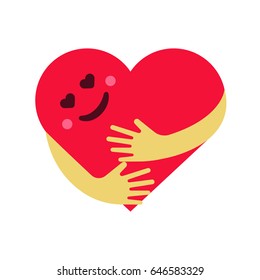 Vector illustration of red smiling heart hug on white background.