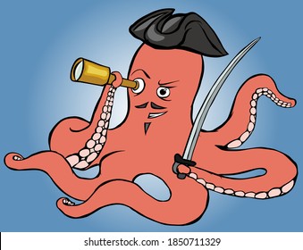 Vector illustration of red smiling pirate octopus in black cocked hat with mustaches and barb and with bronze/gold telescope and  steel sabre in tentacles