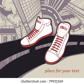 vector illustration of red sneakers on an urban background
