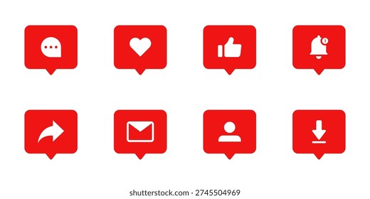 vector illustration of Red Social Media Notification Icons Set Showing Like, Comment, Share, Message and Download Symbols