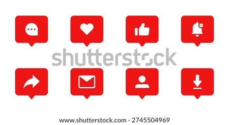 vector illustration of Red Social Media Notification Icons Set Showing Like, Comment, Share, Message and Download Symbols
