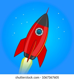 vector illustration of a red space rocket in blue sky with stars