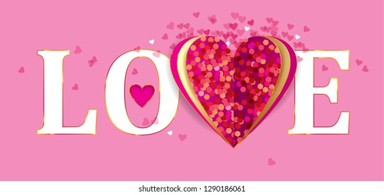 Vector illustration of Red sparkling layered heart and word love on pink background with word love and heart shaped confetti.