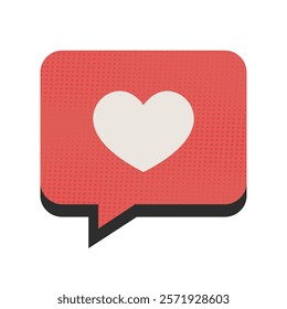 vector illustration of a red speech bubble with a halftone effect and a white heart symbol for chat applications, social media notifications, or romantic messages