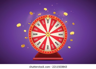 Vector illustration of red spinning fortune wheel with golden flying coins on purple background. Realistic 3d lucky roulette.