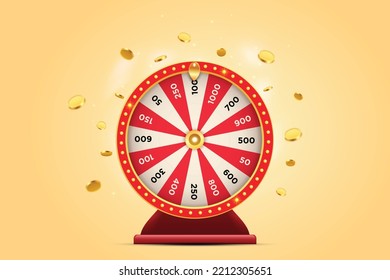 Vector illustration of red spinning fortune wheel with golden flying coins on yellow background. Realistic 3d lucky roulette.	