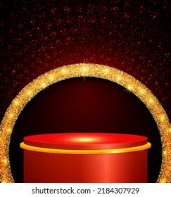 Vector illustration red spiral background with shining sparkle stage podium and golden arch for design