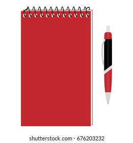 Vector illustration of red spiral notepad, diary, notebook or personal organizer with ball pen. Closed notebook. Red notebook cover