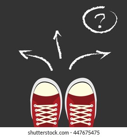 vector illustration / red sportive shoes in front of three arrows with question mark / concept of young person making a choice