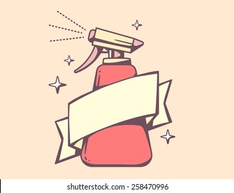 Vector illustration of red spray pistol with ribbon on pink background. Retro color line art design for web, site, advertising, banner, poster, board, poster and print.