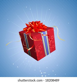 Vector illustration of red square present box with a bow and ribbons on starry blue background