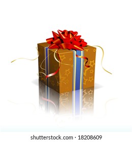 Vector illustration of red square present box with a bow and ribbons on shiny reflective surface