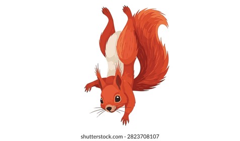Vector illustration of a red squirrel hanging upside down against a white background, featuring its fluffy orange tail, tufted ears, white underbelly, and detailed fur textures.