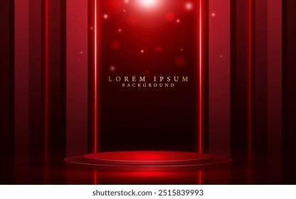 Podio de escenario rojo de Ilustración vectorial y líneas de luz láser decorativas Premio de lujo moderno y creativo y presentación Exhibición de producto abstracto y elemento de fondo de marketing.