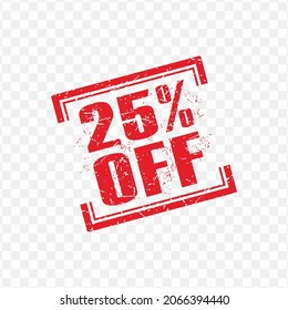 Vector illustration of red stamp 25% Off discount tag with grunge effect on transparent background (PNG)