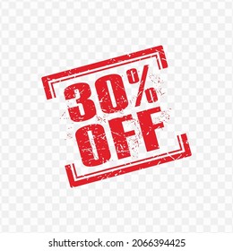 Vector illustration of red stamp 30% Off discount tag with grunge effect on transparent background (PNG)