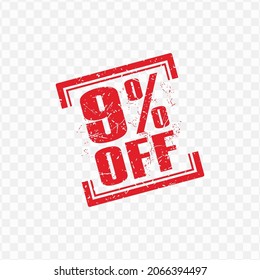 Vector illustration of red stamp 9% Off discount tag with grunge effect on transparent background (PNG)