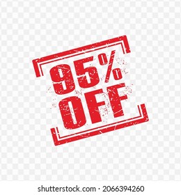 Vector illustration of red stamp 95% Off discount tag with grunge effect on transparent background (PNG)