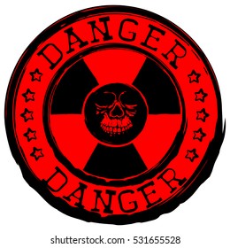 Vector illustration red stamp with radioactivity sign and inscription danger. In center of radiation symbol abstract grunge skull